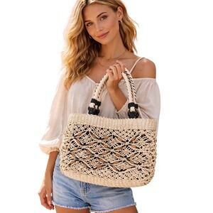 Vintage Boho Macrame Woven Handbag 100% Cornhusk 90's Y2K Era Hippie